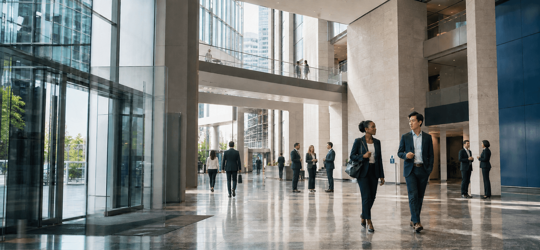 Illustrative scene of people walking through a high-ceilinged lobby