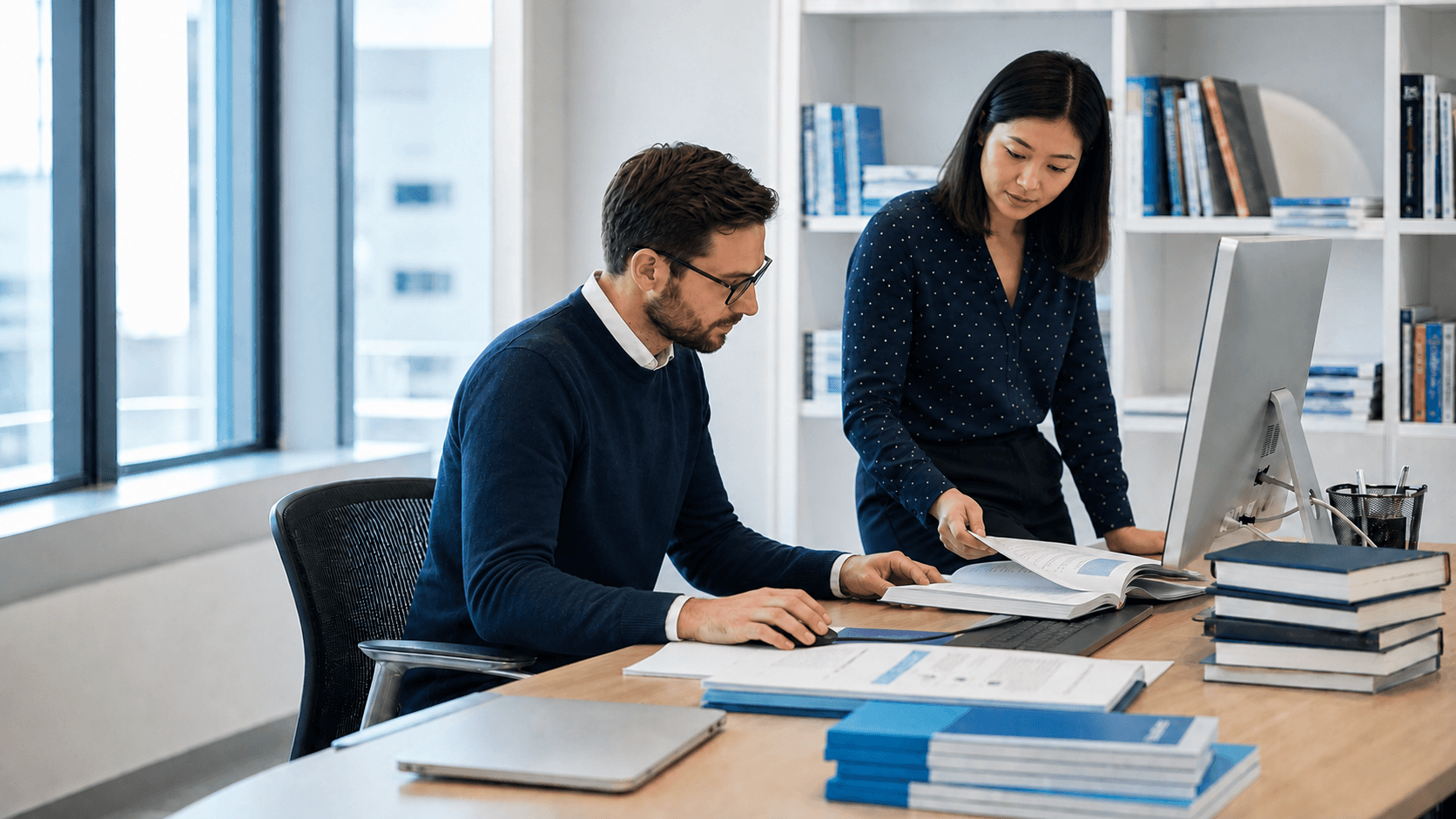 Illustrative scene of two people reviewing learning materials together at a desk