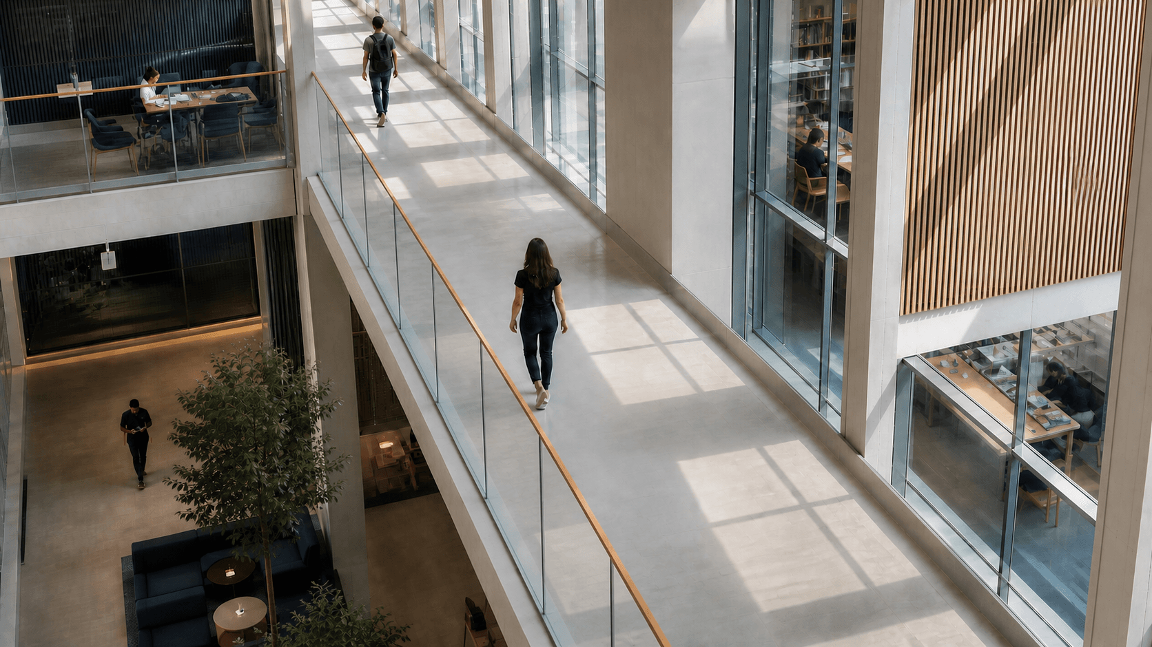 Illustrative scene of people walking and working across several floors of a building