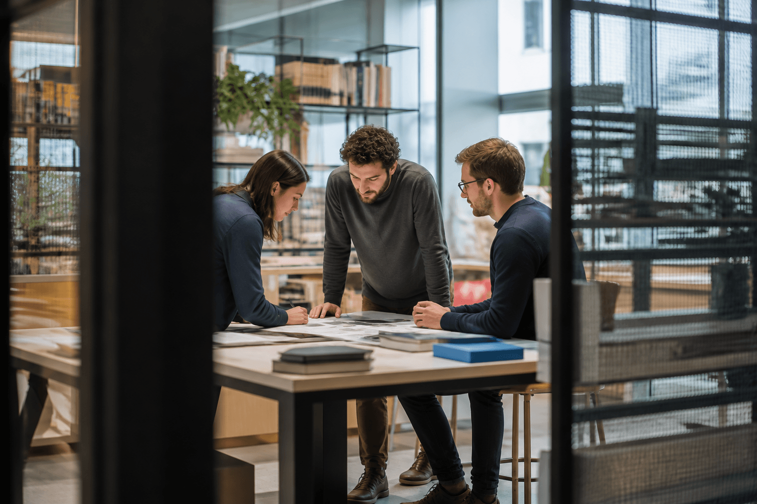Illustrative scene of three people leaning over a table of papers