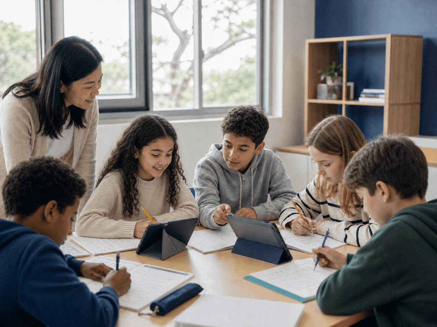 Illustrative classroom scene of a teacher and learners working with tablets and learning materials