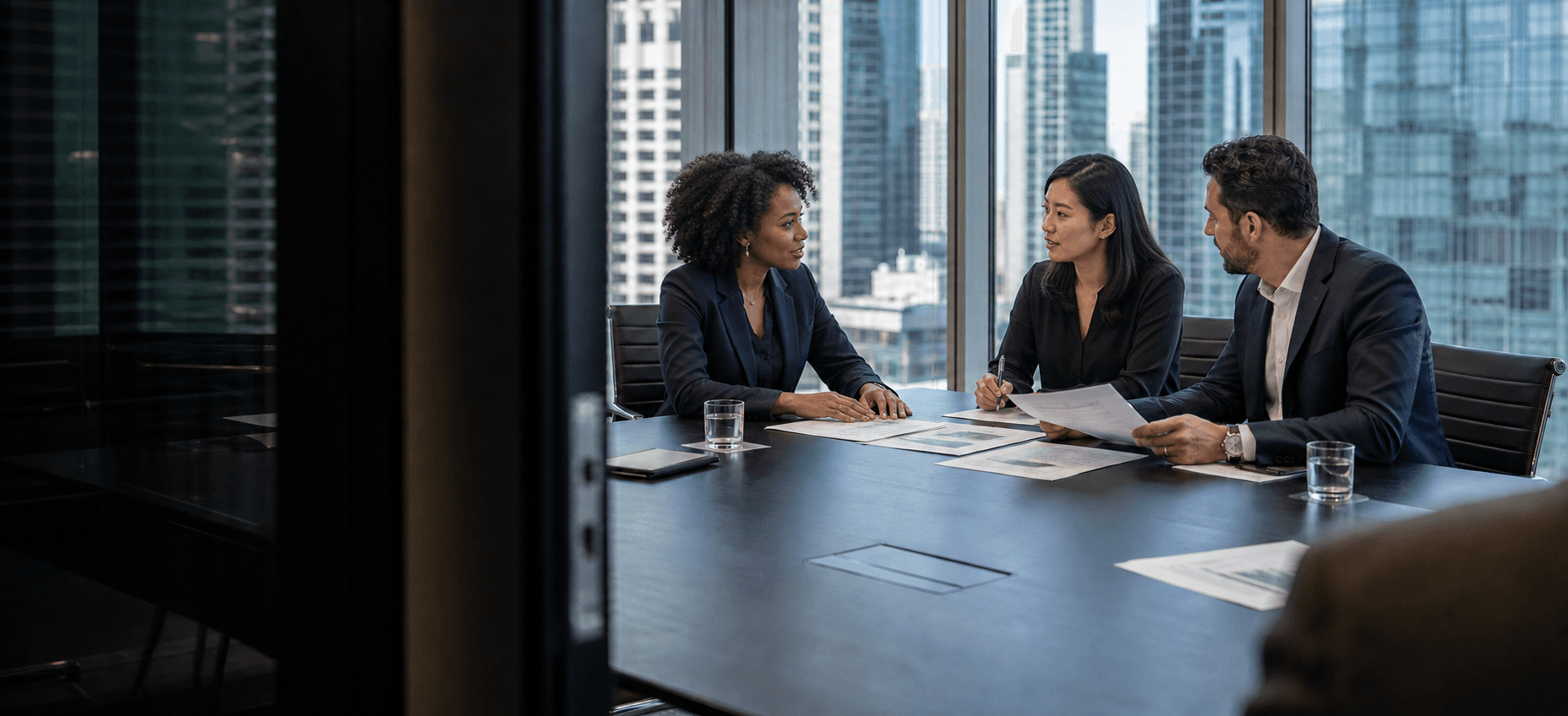 Illustrative scene of three people discussing documents at a boardroom table